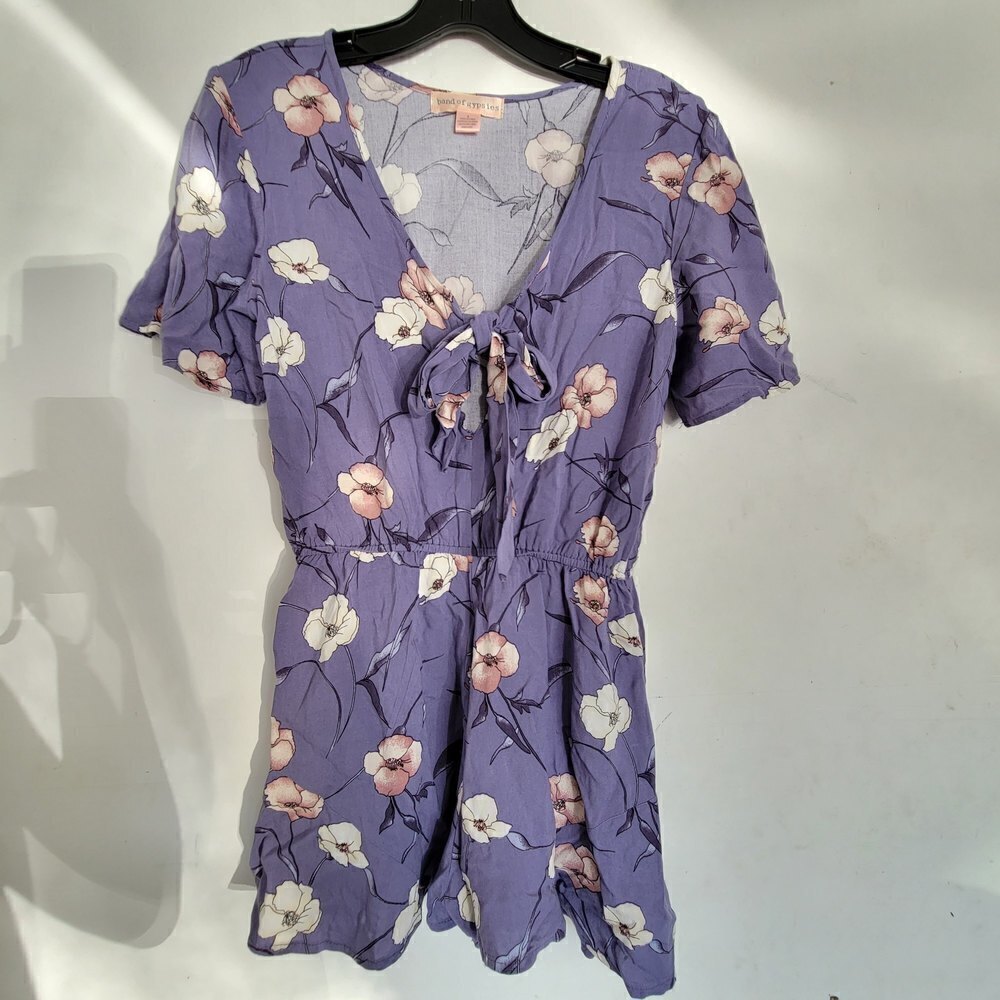 Band of Gypsies Floral Indigo Blue Tie Front Flutter Short Sleeve Romper Small